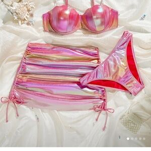 Iridescent Pink Tie-Dye Gradient Bikini Top & Bottom with Matching Cute Skirt